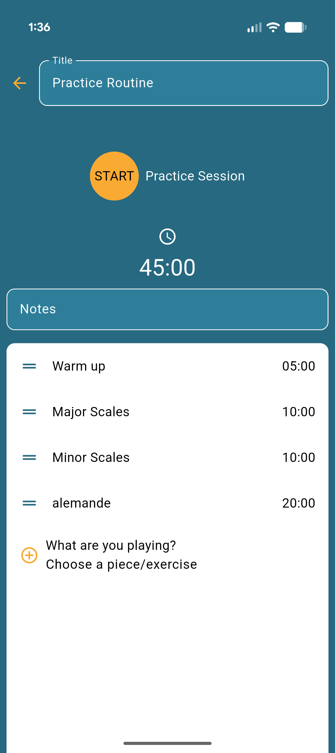 A 45-minute practice routine with warm-up, major and minor scales, and a piece