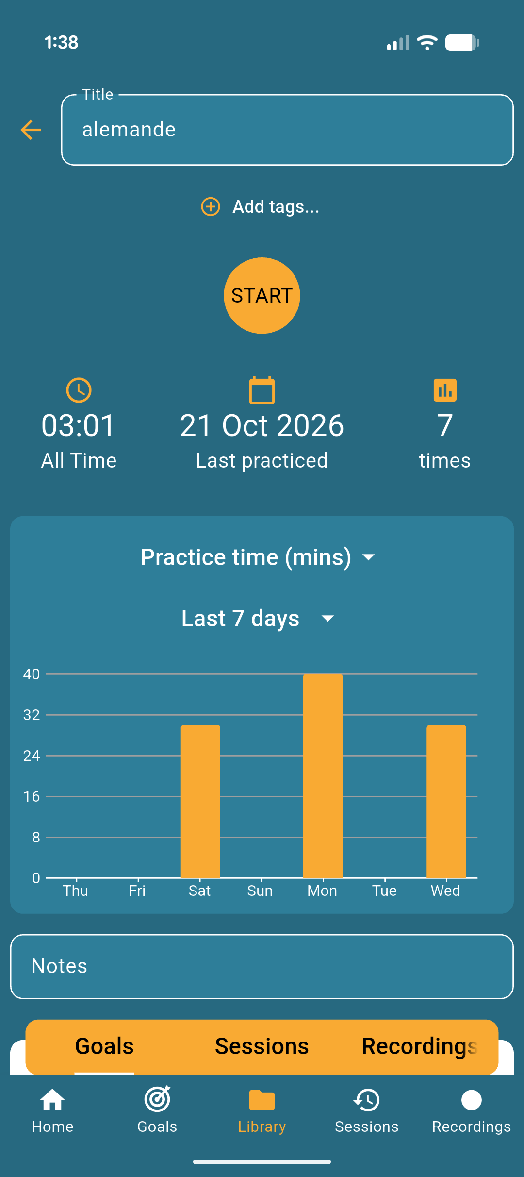 Practice history with a chart of practice time over the last seven days