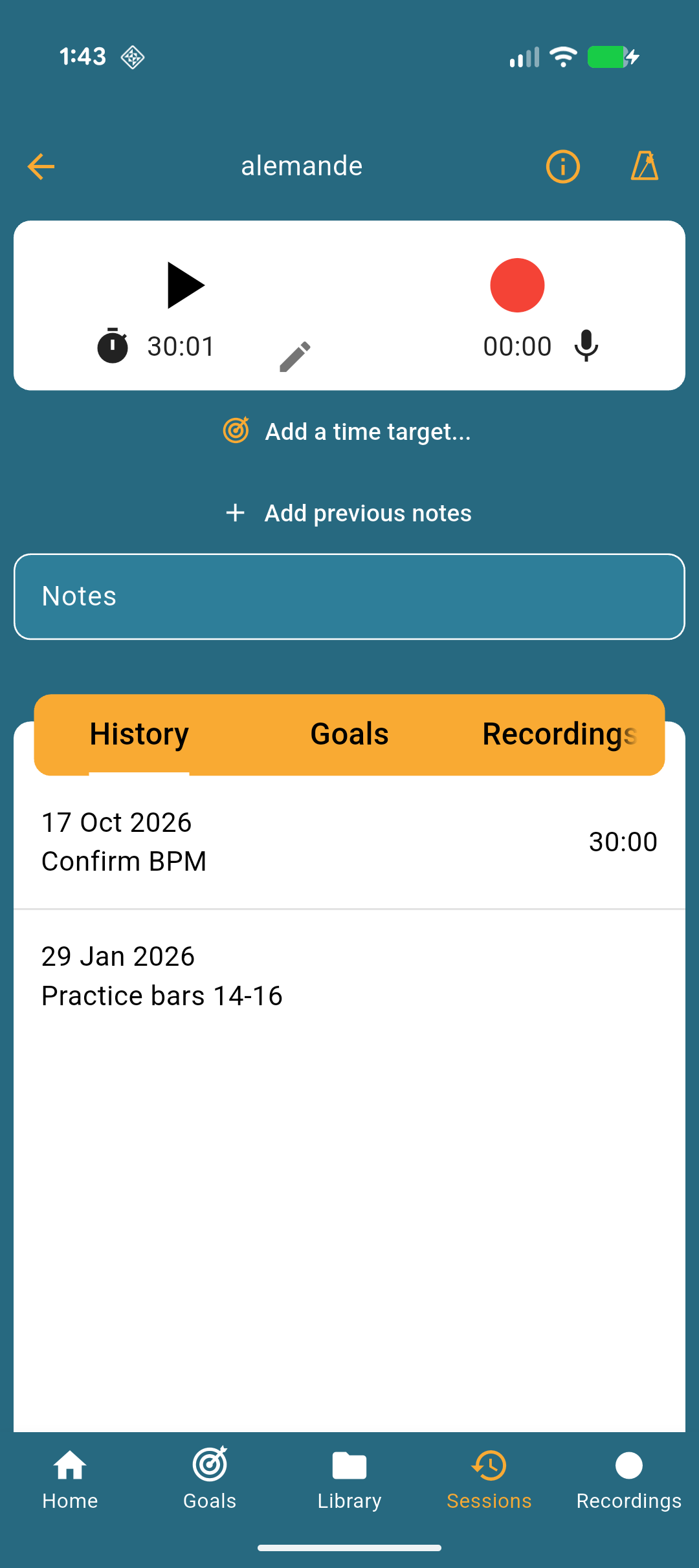 A practice session with timer and recording controls, notes and previous practice history
